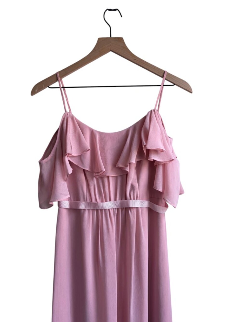 David's Bridal Cold Shoulder Flutter Sleeve Chiffon Long Bridesmaid Dress Pink 0 - Picture 2 of 9
